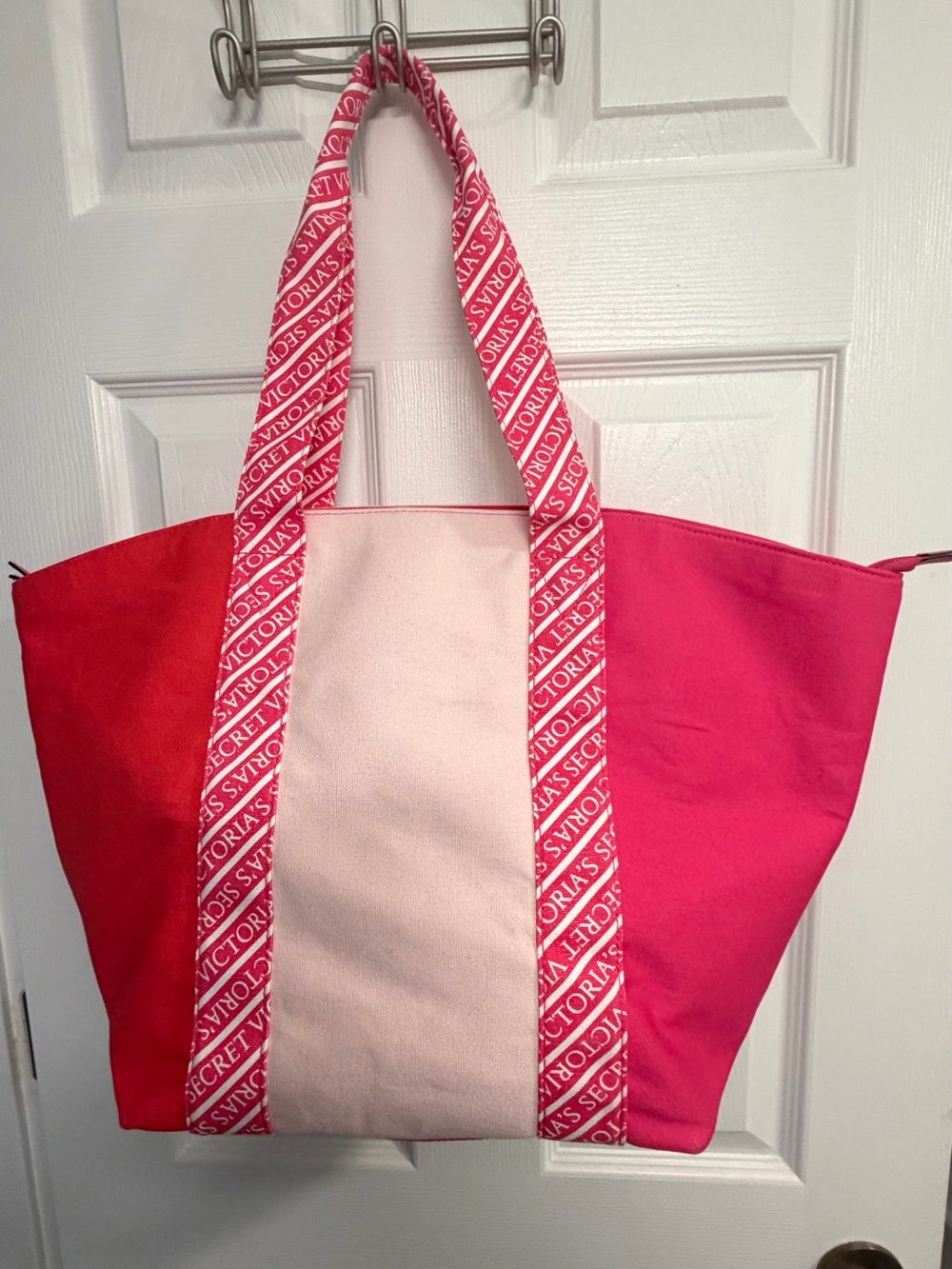Victoria's Secret Red and Pink Canvas Tote with Logo Straps